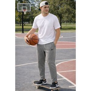 Nike Men’s Sweatpants Gray Medium Swoosh Logo Tapered Leg Athletic Casual*